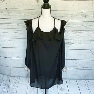 Womens 2XL Black Sheer Open Shoulder L/S Blouse